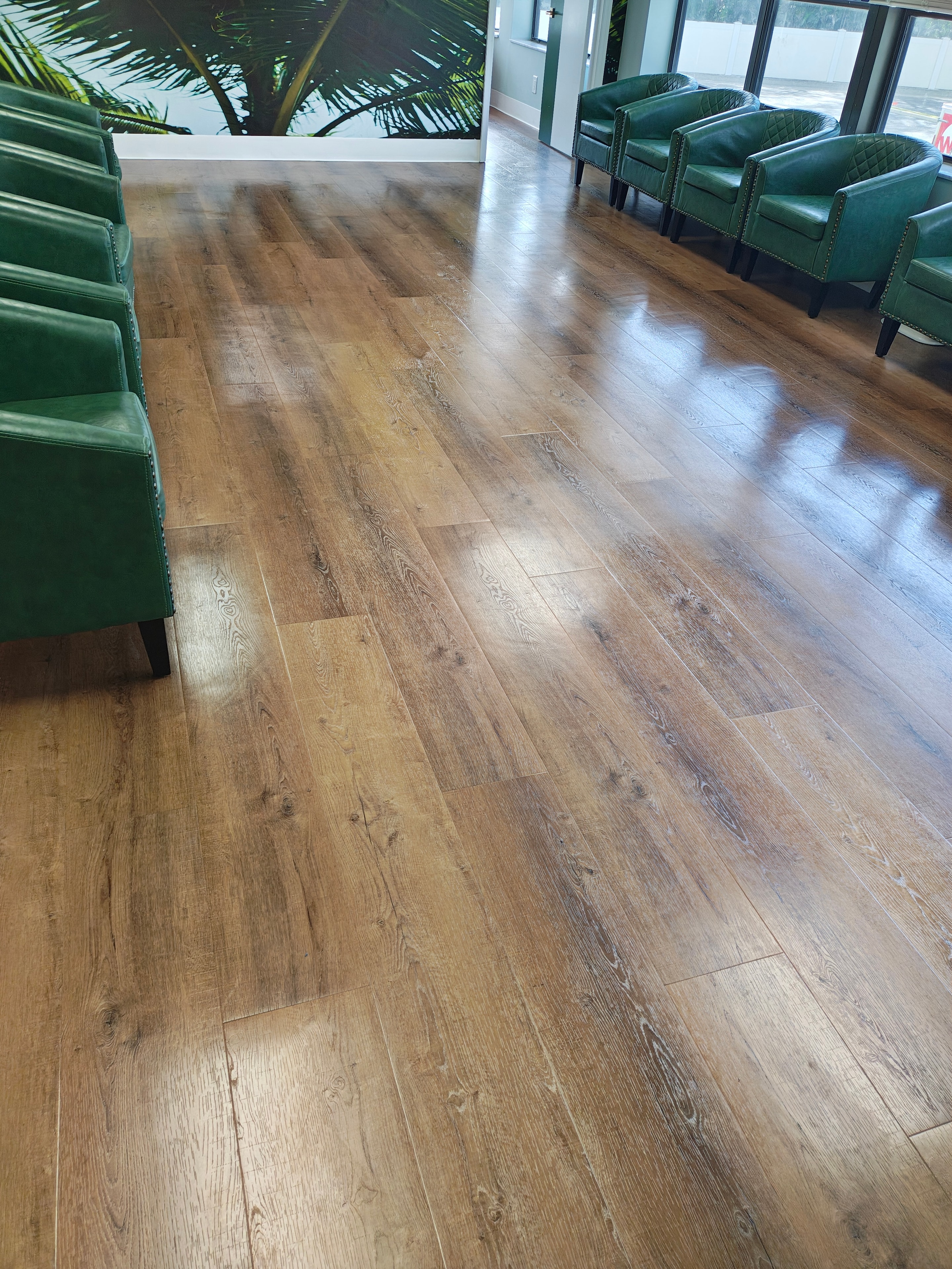 Clean open office floor with gleaming surfaces